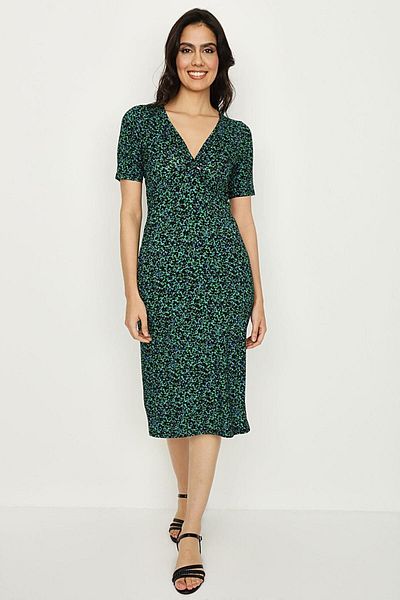 Select Moda Women's Green Patterned V-Neck Knitted Midi Dress