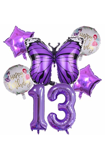 Parti Station Mor Kelebek Mor Renk 13 Yaş Rakam Balon Set Doğum Günü Parti Mo...