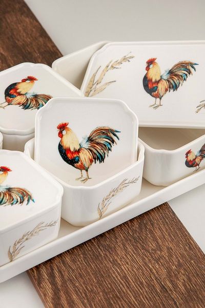 Bursa Porselen Dekor Retro Rooster 5-Piece Porcelain Breakfast Bowl with Lid