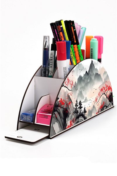 kutuTR Wooden Vip Mountain Series Rainbow Ruled Desktop Pen Holder Organizer with Assembled Box