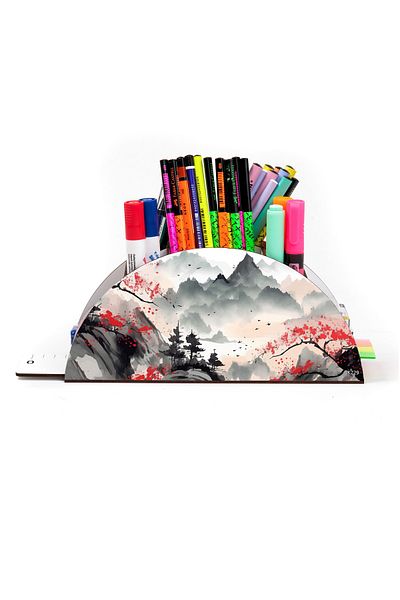 kutuTR Wooden Vip Mountain Series Rainbow Ruled Desktop Pen Holder Organizer with Assembled Box