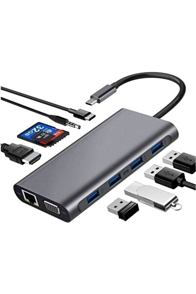 Coverzone Type-C To HDMI Adaptör 11 In1 4USB 3.0 4K HDMI VGA Type C RJ45 Ethe...