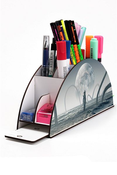 kutuTR Wooden Vip Space Series Rainbow Ruled Desktop Pen Holder Organizer with Assembled Box
