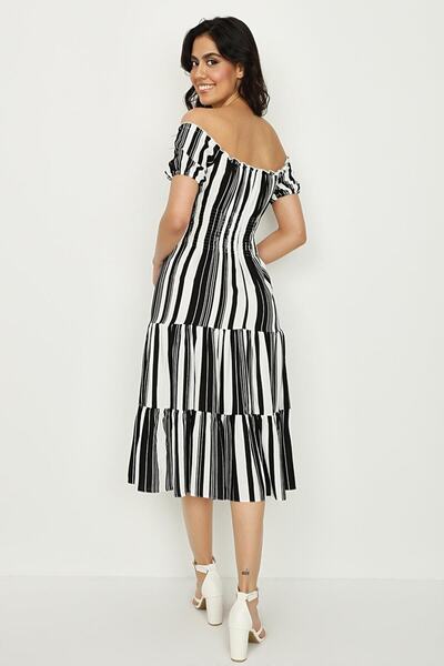 Select Moda Rochie de damă neagră, cu guler Carmen, cu nasturi și detaliu Gipe