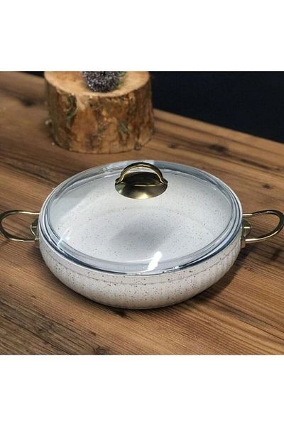 Viyalente Granite Casserole 30 Cm 6 Liters Flat Rice Casserole Pot Non-Stick White-gold