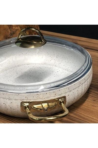 Viyalente Granite Casserole 30 Cm 6 Liters Flat Rice Casserole Pot Non-Stick White-gold