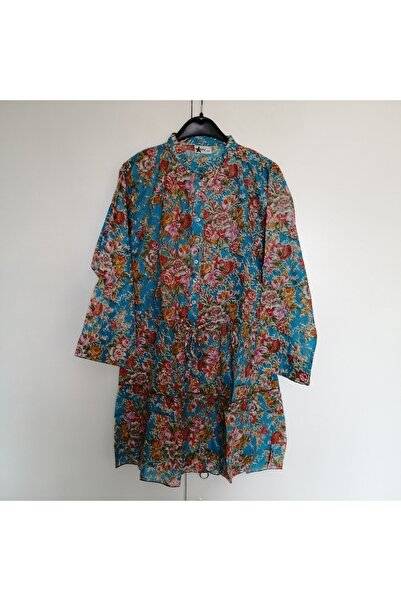 STAR İNDİA Otantik tülbent turkuaz çok desenli el işi pul nakışlı önden düğme...