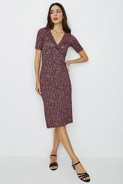 Select Moda Women's Pink Patterned V-Neck Knitted Midi Dress