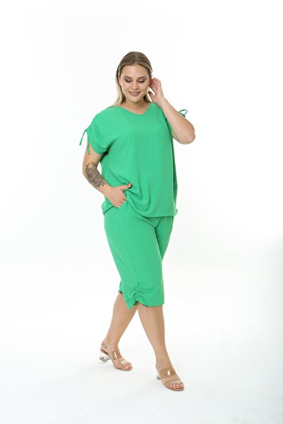 XL Modam Γυναικείο Σετ Αυρομπίν Υφασμάτινο Πράσινο Κάπρι Plus Size
