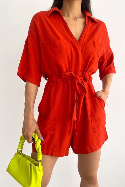 FEMELLE Women's Double Pocket, Waist Gathered, Belted Linen Jumpsuit