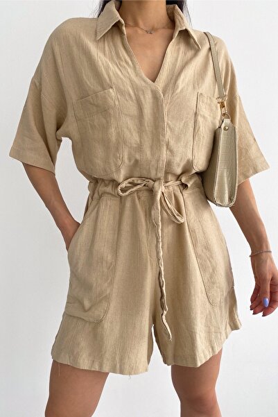 FEMELLE Women's New Season Double Pocketed Waist Gathered Belted Linen Jumpsuit
