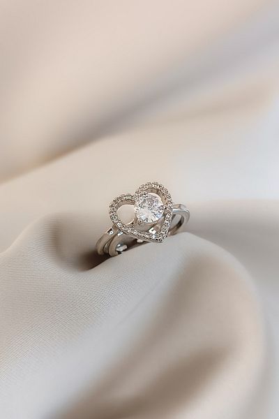 COSİTA Silver Solitaire Heart Double Engagement Special Design 2-Piece Ring