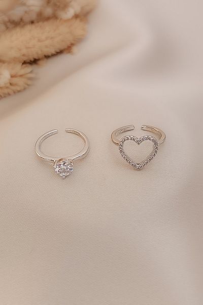 COSİTA Silver Solitaire Heart Double Engagement Special Design 2-Piece Ring