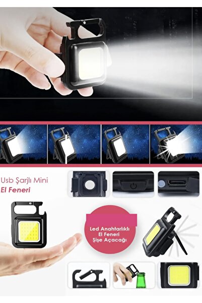 KÜÇÜK EW Usb’li Şarj Edilebilir Led Anahtarlık El Feneri Şişe Açacağı Mıknatı...