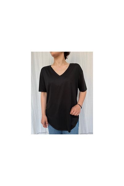 soBasic Tricou de bază negru cu decolteu în V modal cu mânecă scurtă