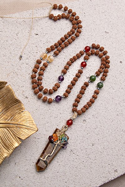 ÇAKRA DOĞAL TAŞ HAYAT AĞACI MOTİFLİ KAPLAN GÖZÜ UÇLU RUDRAKSHA 108 ÇAKRA MALA...