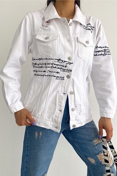 FEMELLE Women's White New Season Laser Cut Double Pocket Lettering Embroidery Denim Jacket