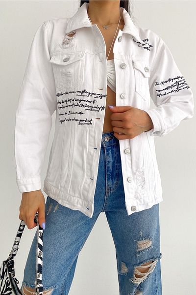 FEMELLE Women's White New Season Laser Cut Double Pocket Lettering Embroidery Denim Jacket