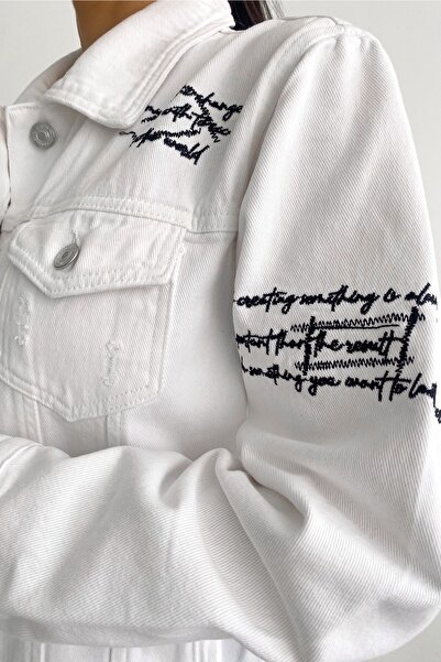 FEMELLE Jachetă de blugi de damă, albă, de sezon nou, tăiată cu laser, cu buzunare duble, cu broderie