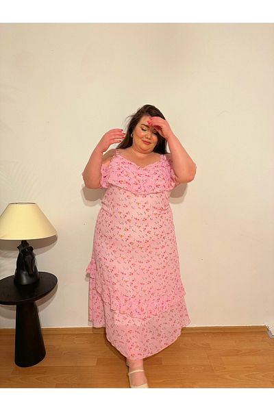 Kendinisevbutik Pink Chiffon Plus Size Floral Lined Dress
