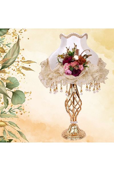 Dekovien Ecru Floral Patterned Velvet Lampshade Handmade - Classic Model