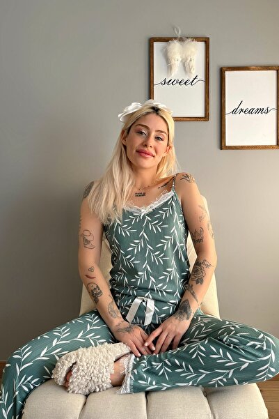 Pijamaevi Yeşil Zeytin Dalı Dantelli Ip Askılı Örme Kadın Pijama Takımı