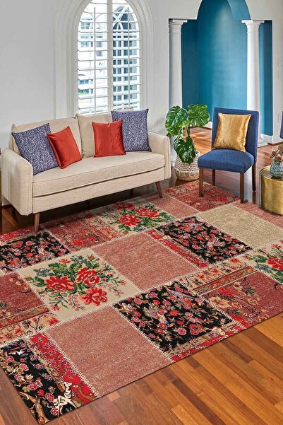 AIDA HOME Zelda Patchwork Desenli Pamuk Tabanlı Yıkanabilen Kaydırmaz Antibakteriyel Şönil Salon Halısı