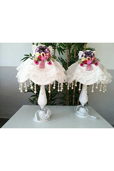 Dekovien Çiçek Dekorlu Ekru Kadife Abajur Klasik Metal Ayak 2 Adet Özel Tasar...