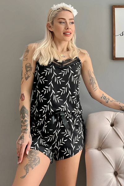Pijamaevi Detailní pletený pyžamový set z černé olivové větve Pegasus s krajkovými šortkami