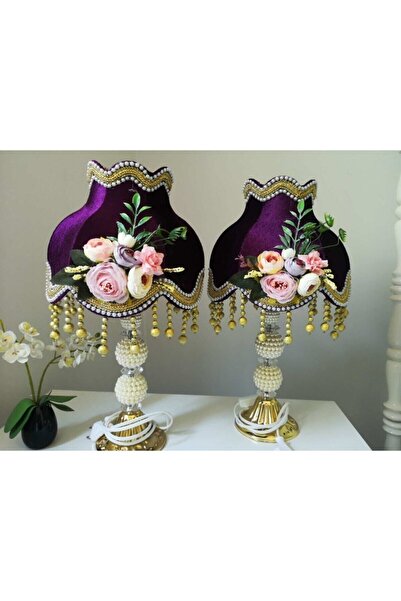 Dekovien Çiçek Dekorlu Abajur Özel Tasarım Dekoratif Eşya Iki Adet