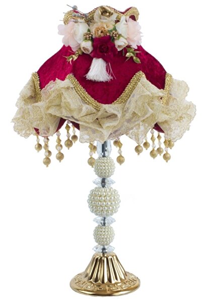 Dekovien Kadife Kaplı El Yapımı Klasik Model Abajur Vintage Bordo