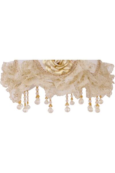 Dekovien Gold White Floral Decorated Classic Pompom Lampshade