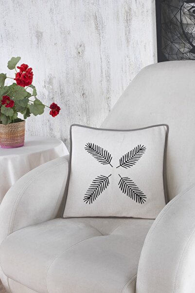 ÖDEL HOME Natural Anthracite Leaf Patterned Stone Printed Pile Cushion 40X40 cm
