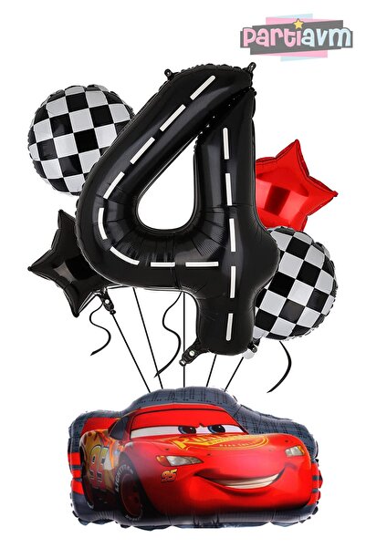 PARTİAVM Siyah Rakam Balonlu Şimşek Mcqueen Balon Seti Arabalar (CARS)