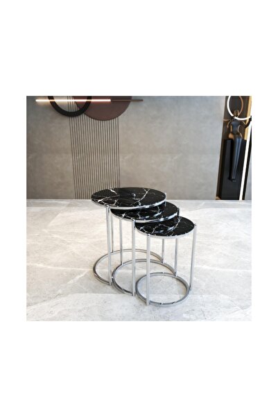 Lion Lioon Art Gümüş Metal Ayaklı Temperli Cam 3'lü Zigon Sehpa