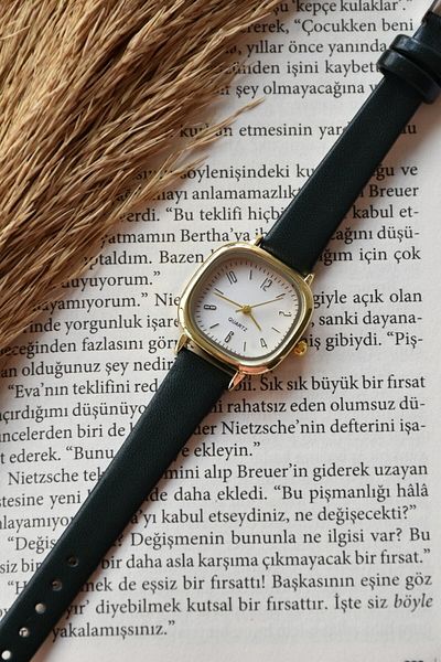 QUARTZ Minimal Vintage Dark Green Rose Gold Leather Wristwatch