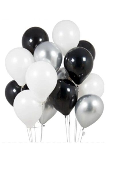 FOKUL 10 Adet Metalik Sedefli Beyaz-Siyah-Gümüş Gri Helyumla Uçabilen Balon