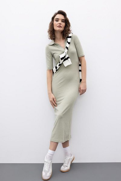 DeFacto Bodycon Polo Neck Ribbed Camisole Midi Short Sleeve Dress