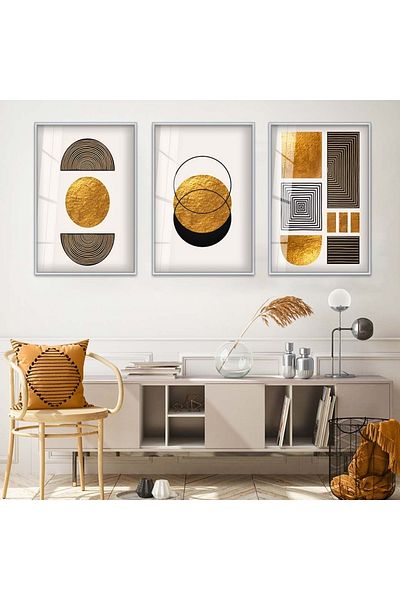 Zevahir Mobilya Dekorasyon Set de pictură din sticlă triplă irezistibilă cu model abstract cu cadru metalic argintiu