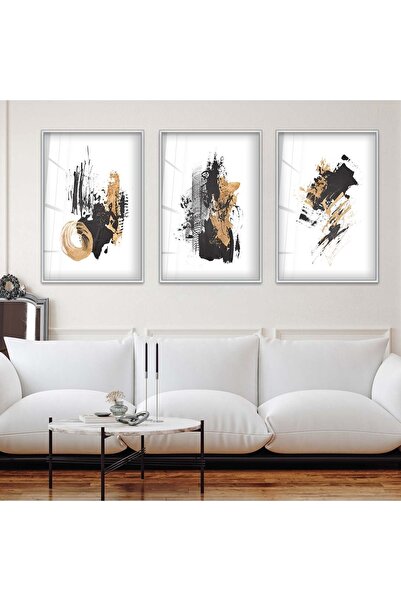Zevahir Mobilya Dekorasyon Silver Metal Framed Abstract Pattern Shapes Triple...