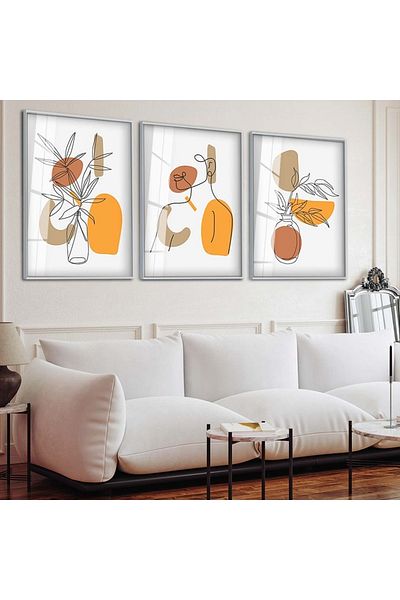 Zevahir Mobilya Dekorasyon Set de pictură din sticlă triplă, cu model abstract minimalist, cu cadru metalic argintiu