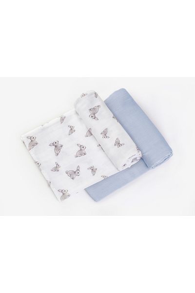 DEUX LAPINS 2-Piece Muslin Baby Blanket - 100% Cotton, Iconique Lapin and Endless Blue 100X100