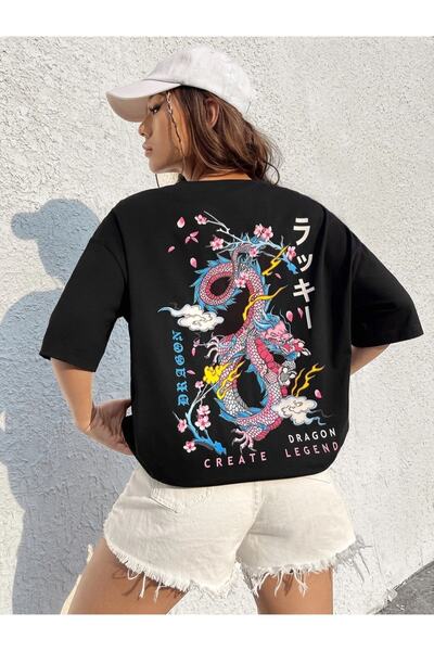 Machetta Καλοκαιρινό βαμβακερό μπλουζάκι με στάμπα μεγάλου μεγέθους Dragon μπροστά και πίσω
