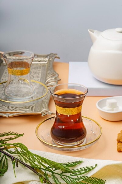 DECOSTYLE Cemre Gold Stone Decorated Luxury Tea Set Paşabahçe İnce Waist Tea ...