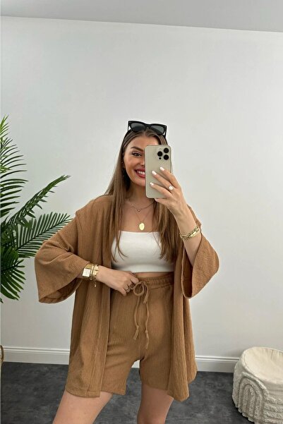 HARMONY GLOBAL Kimono Seersucker Set with Shorts CAMEL
