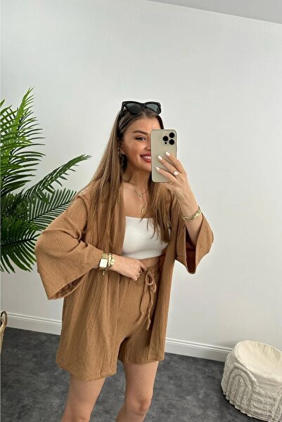 HARMONY GLOBAL Kimono Seersucker Set with Shorts CAMEL