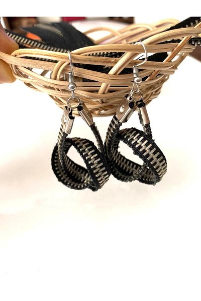 canan dizayn Metal Zipper Design Earrings Black