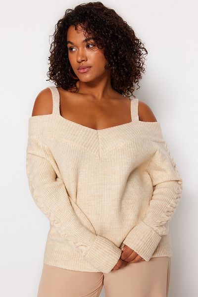 Trendyol Curve Beige Wide Collar Strap Detailed Knitwear Sweater TBBAW24AN00025