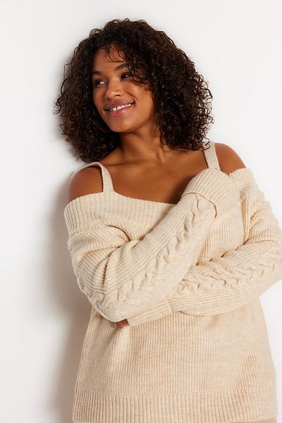Trendyol Curve Beige Wide Collar Strap Detailed Knitwear Sweater TBBAW24AN00025