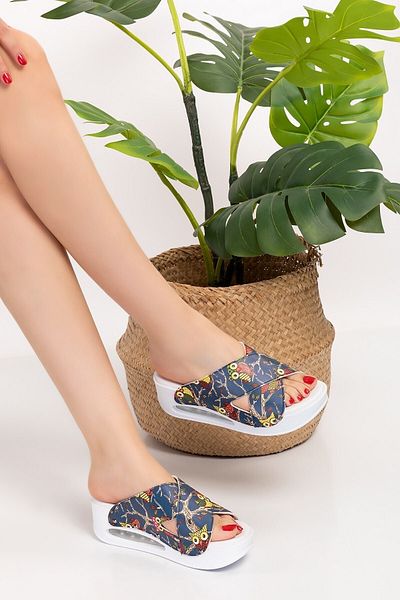Nur Ortopedi Women's Navy Blue Owl Patterned Cross Model Open Airmax Sole Orthopedic Slippers